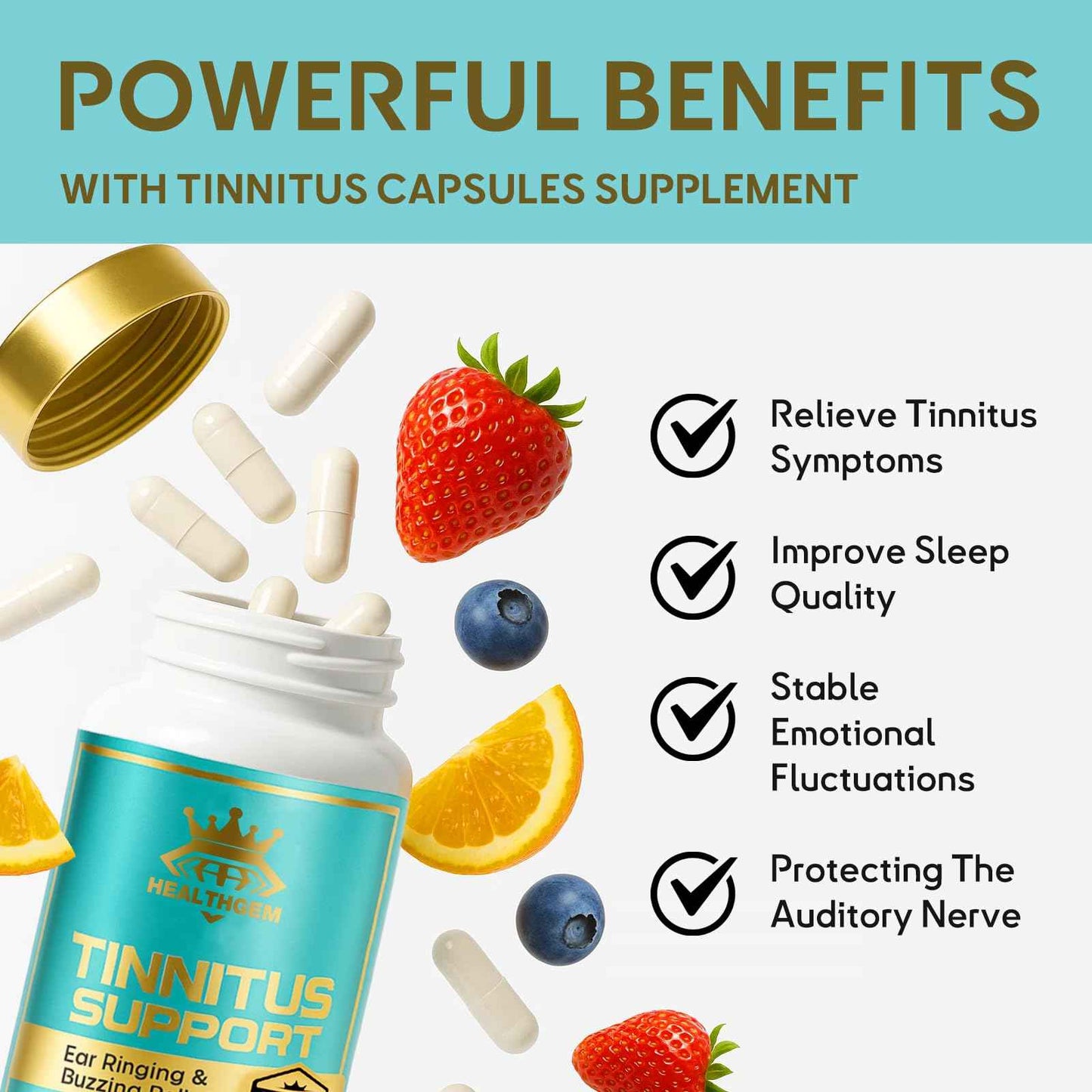 HEALTHGEM Tinnitus Relief for Ringing Ears,120 Capsules Tinnitus Relief Supplement, Natural & Effectively Relieve Earache & Reduce Ear Noise for Men & Women | 60-Day Supply