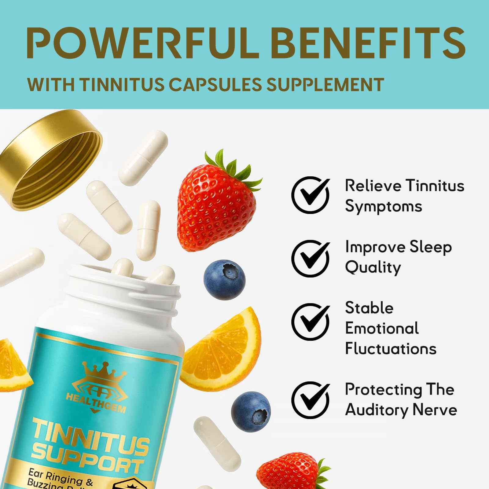 HEALTHGEM Tinnitus Relief for Ringing Ears,120 Capsules Tinnitus Relief Supplement, Natural & Effectively Relieve Earache & Reduce Ear Noise for Men & Women | 60-Day Supply
