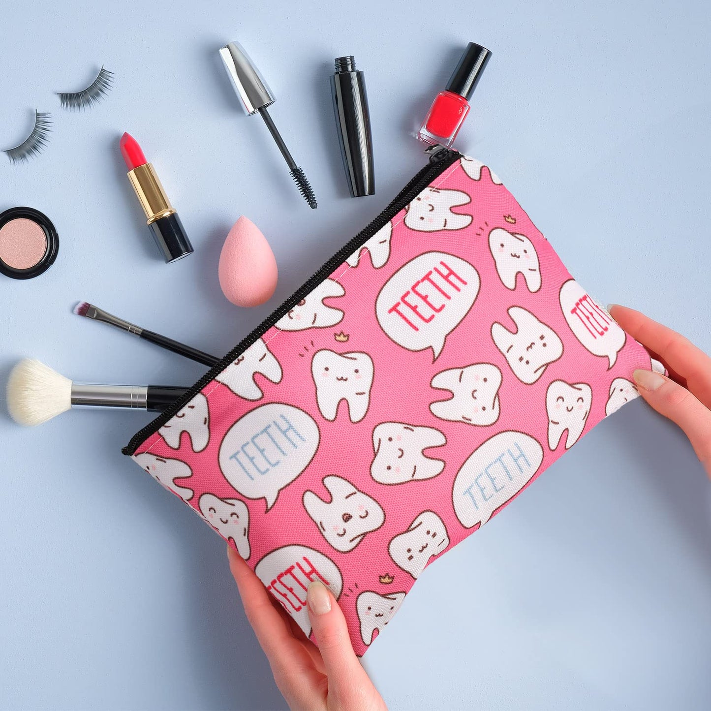 12 Pieces Teeth Makeup Bag Cute Cosmetic Bag for Nurse Women Dental Dentist Gift Colorful Toiletry Bag Multifunctional Polyester Bag with Zipper Teeth Printed Accessories (7.09 x 4.33 Inch)