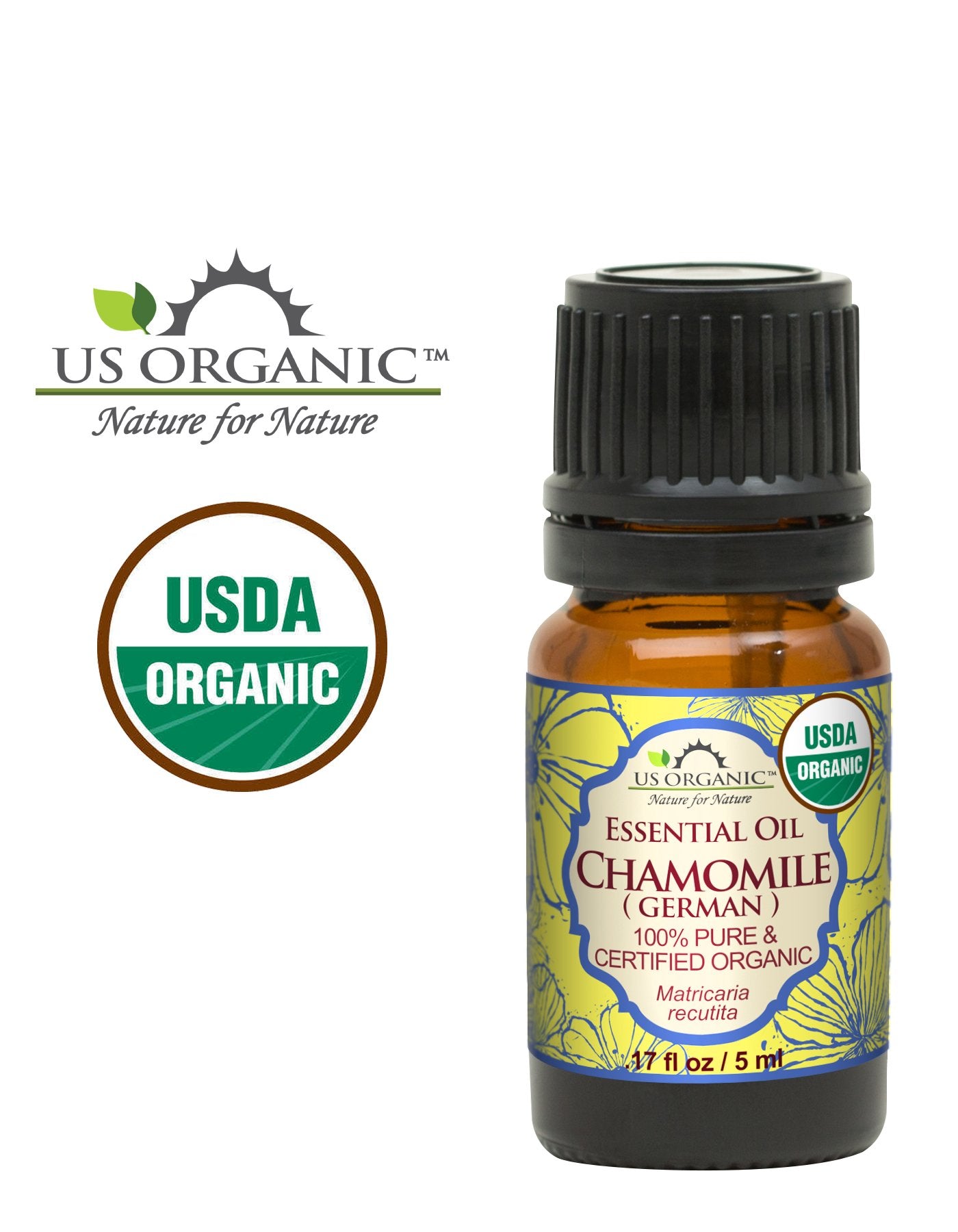 US Organic 100% Pure Chamomile (German) Essential Oil - USDA Certified Organic, Steam Distilled - W/Euro Dropper (More Size Variations Available) (5 ml / 1/6 fl oz)