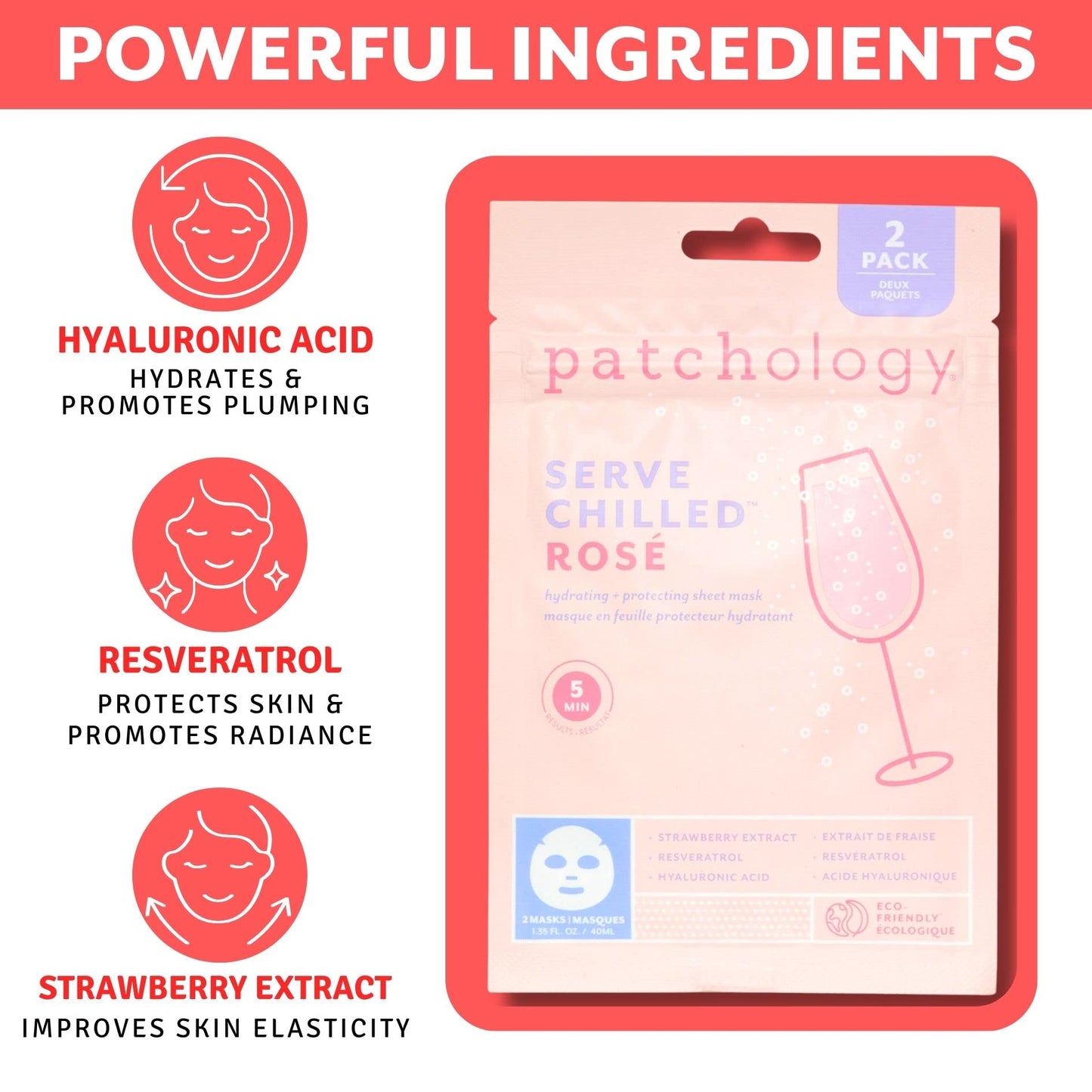 Patchology Serve Chilled Rosé Facial Sheet Mask - Hydrating Skin Care Treatment, Soothing Face Mask with Hyaluronic Acid, Skin Care Mask for Glowing Skin, Self Care Spa Treatment - 2 Pair