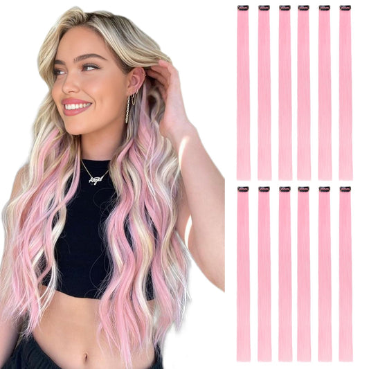 DOORES 22 Inch Hair Extensions Clip ins, 12 Pcs Pink Hair Extensions Colored Hair Extensions for Kids Synthetic Hair Party Highlights Long Straight Hair Clip Extensions for Women Birthday Gifts (Pink)