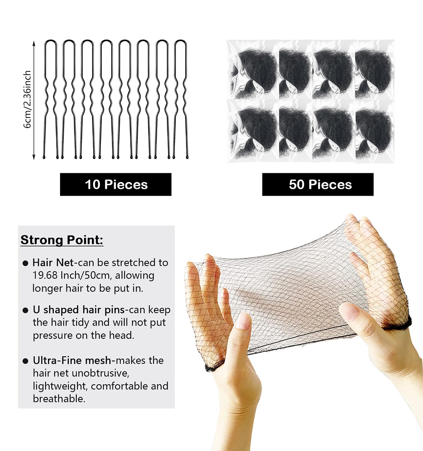 Invisible Hair Nets and U-Shaped Hair Pins Set - 50 Elastic Mesh Nets and 10 Positioning Pins for Women's Hair Buns (Black)