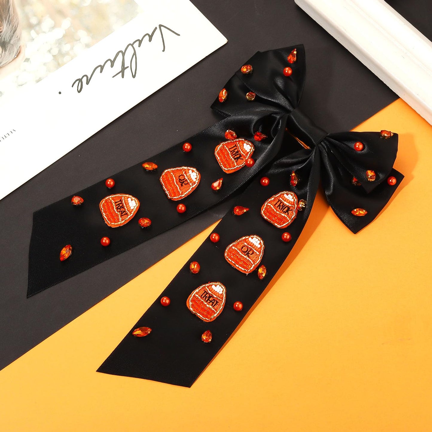 Halloween Hair Bows for Women Halloween Accessories Outftis Spooky Ghost Boo Pumpkin Hair Bows Large Rhinestone Jeweled Hair Bow Clips Halloween Hair Ribbons Party Favors Gifts (Pattern C1)