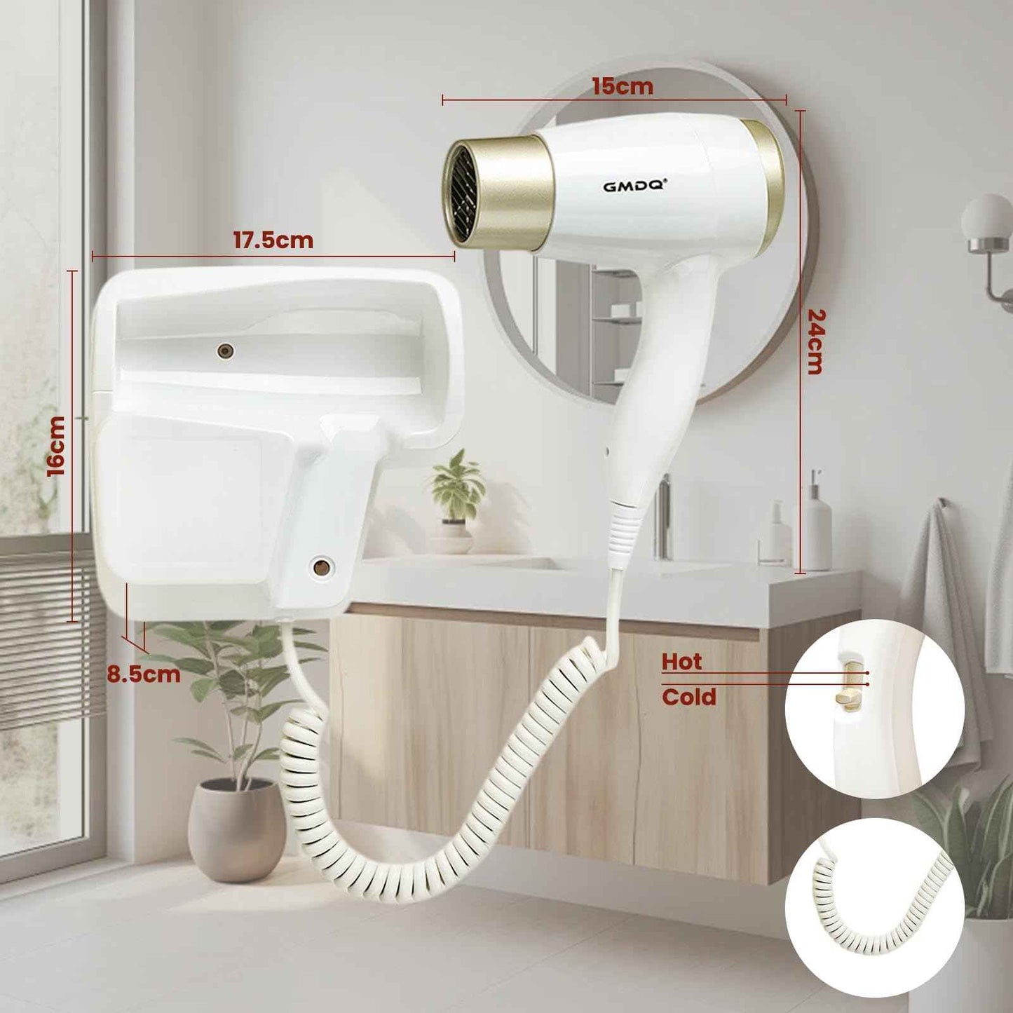 Wall Mounted Hair Dryer for Bathroom - 110V Professional Blow Dryer with Fast Drying Salon Motor, Heavy Duty Wall Mount Hairdryer with Stand Rack, Includes Screws+Adhesive