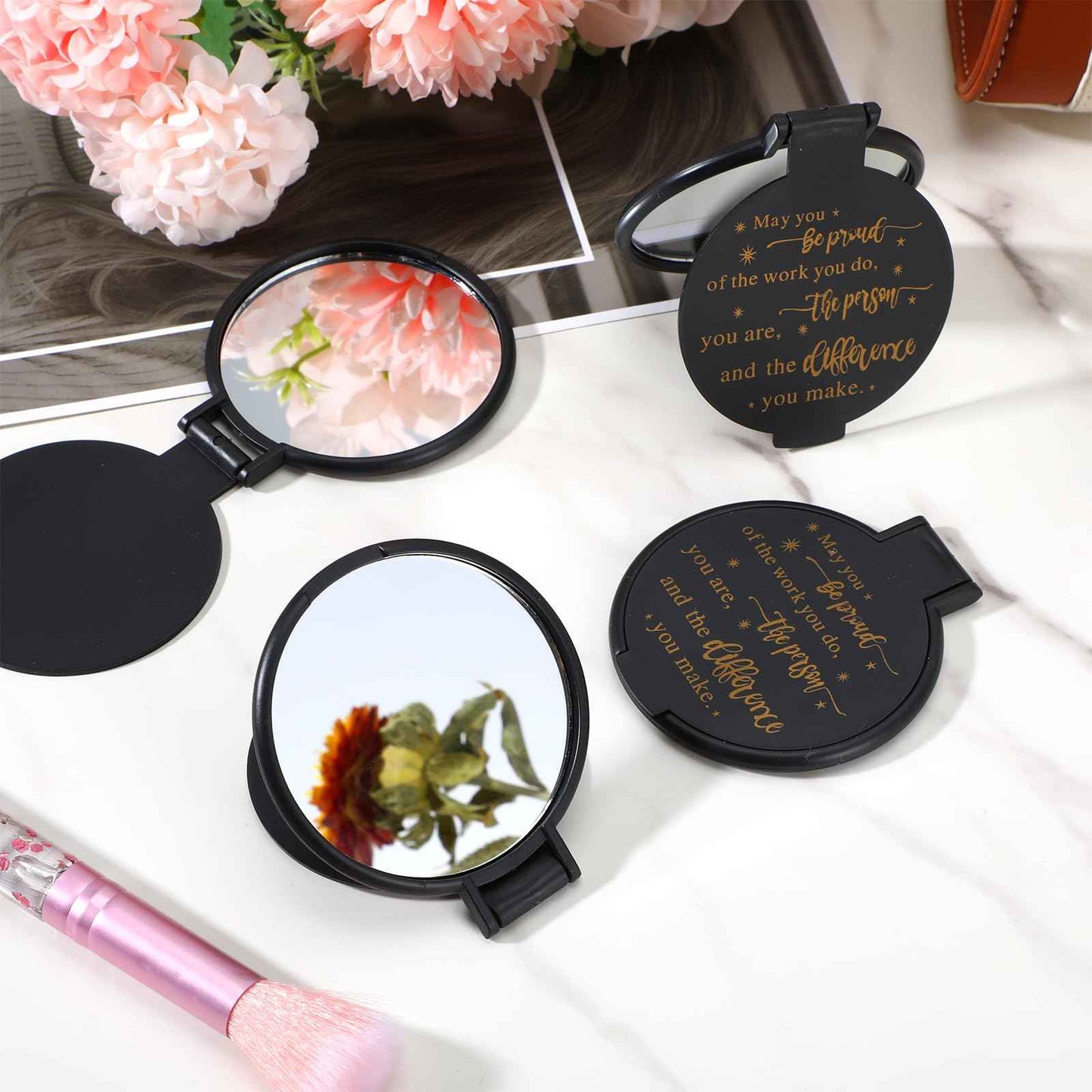 100pcs Black Compact Mirror Bulk Gifts for Women, Mini Inspirational Purse Handheld Makeup Pocket Mirror, Round Portable Makeup Folding Mirrors Gift for Christmas Valentine Daily Travel Coworker