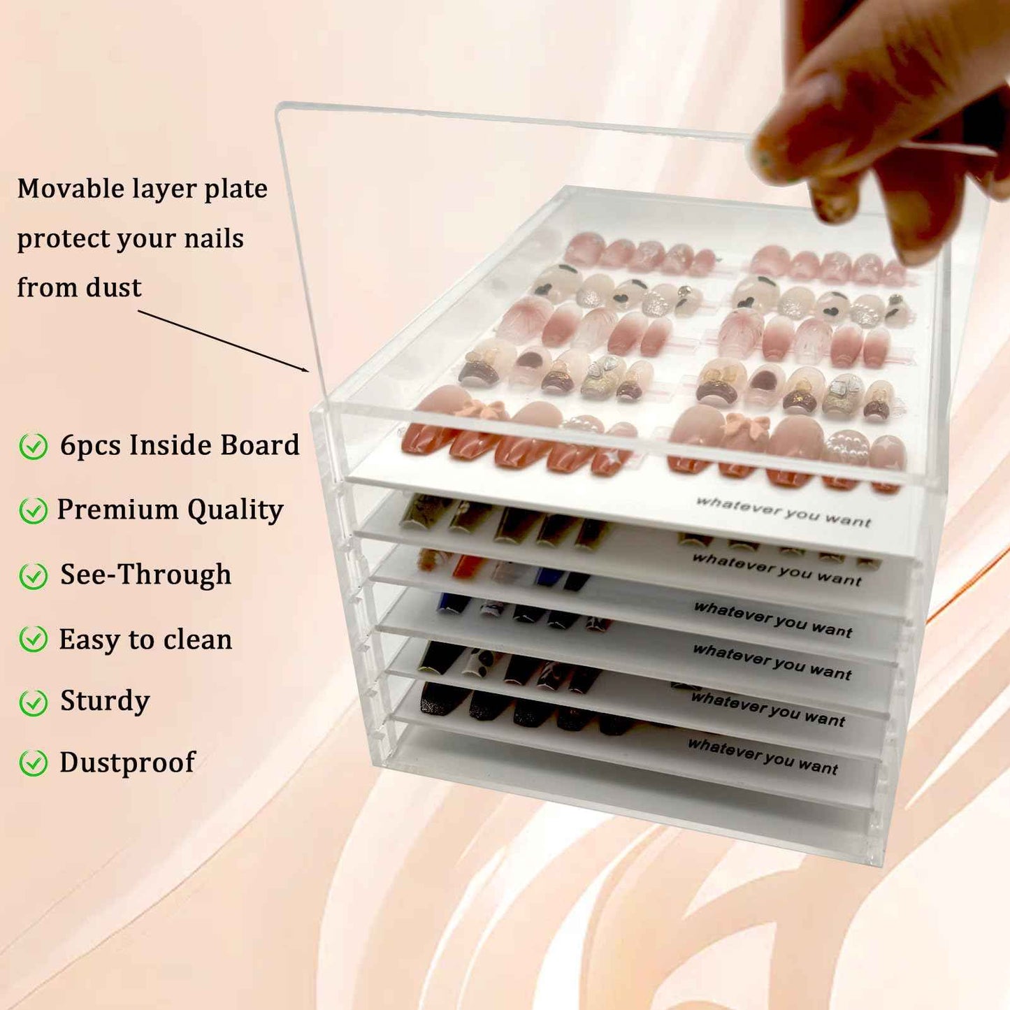 Press On Nail Organizer 6 Layer Acrylic Press On Nail Storage Box Large Nails Art Display Board for Fake Nails Storage Case Nail Display Salon Supplies with Tape