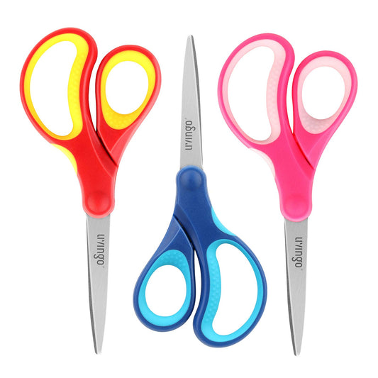 LIVINGO 7" Student Scissors, Sharp Stainless Steel Pointed Tip Blades Shears for Middle School Kids Crafting Project, Comfort Right/Left-handed, Assorted Color, 3 Pack