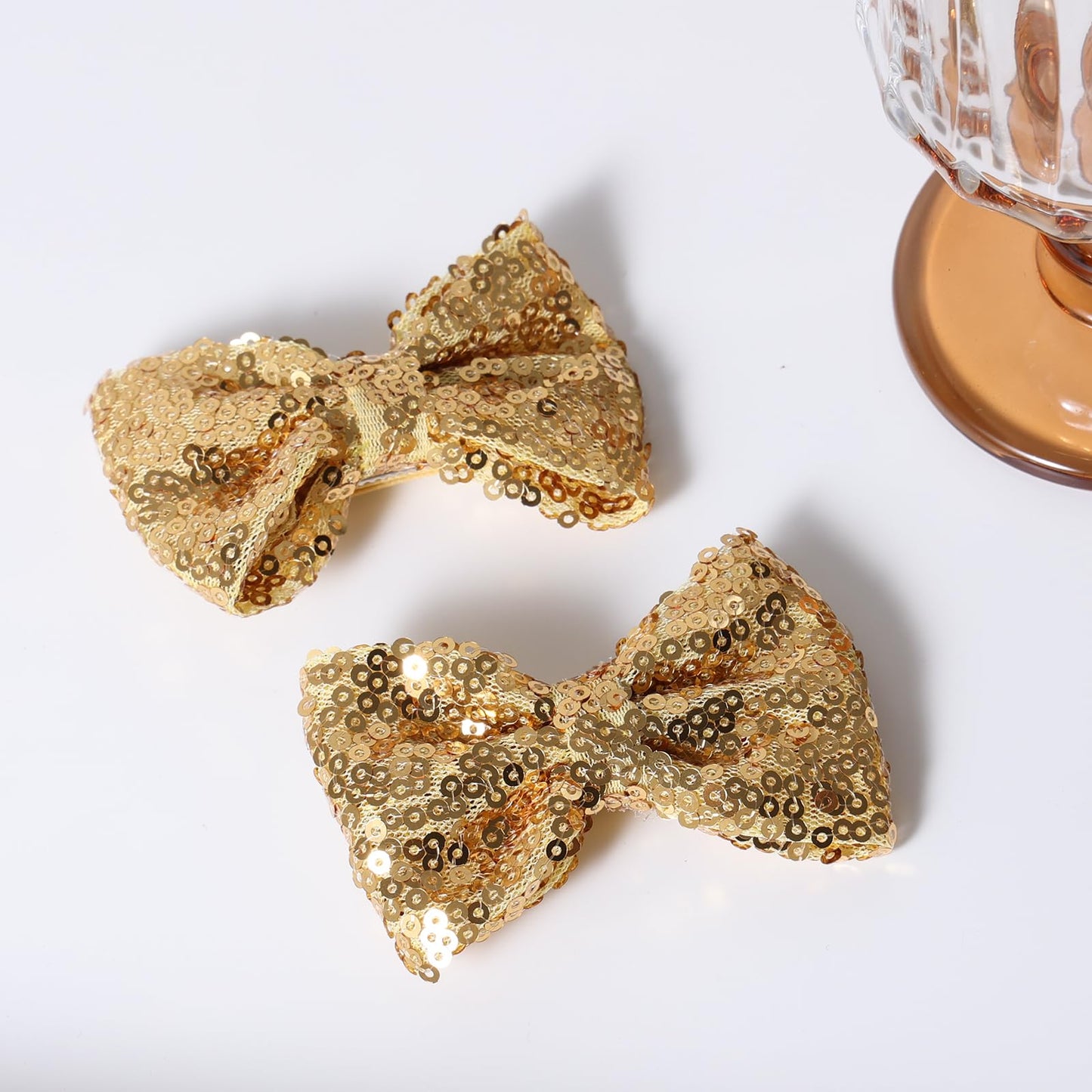 3" Gold Sparkly Glitter Sequin Hair Bows Clips for Toddler Girls Valentines Christmas Birthday Gift Party Dress Outfit Decor Accessories Wedding Alligator Barrettes Hairpins