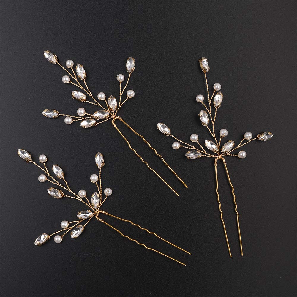 Aimimier Bridal Wedding Hair Pins Gold Crystal Hair Piece Pearl Bobby Pins Rhinestone Bridesmaids Hair Pin Wedding Hair Pins Hair Accessories for Women and Bride (Gold)