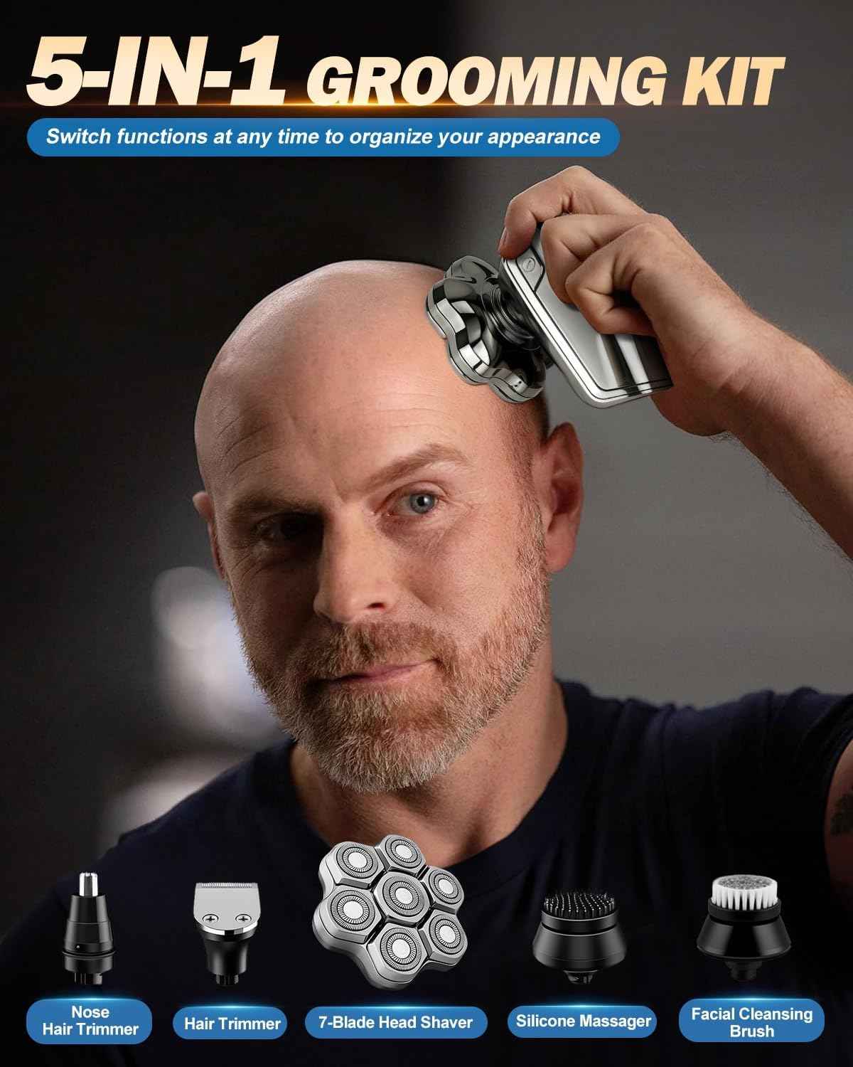 Voph Head Shavers for Bald Men, Electric Detachable Head Shaver for Male, Waterproof Wet Dry Body Bald Head Shaver, Rechargable Rotary Shavers/Razor for Husband Father Gifts Stocking Stuffers