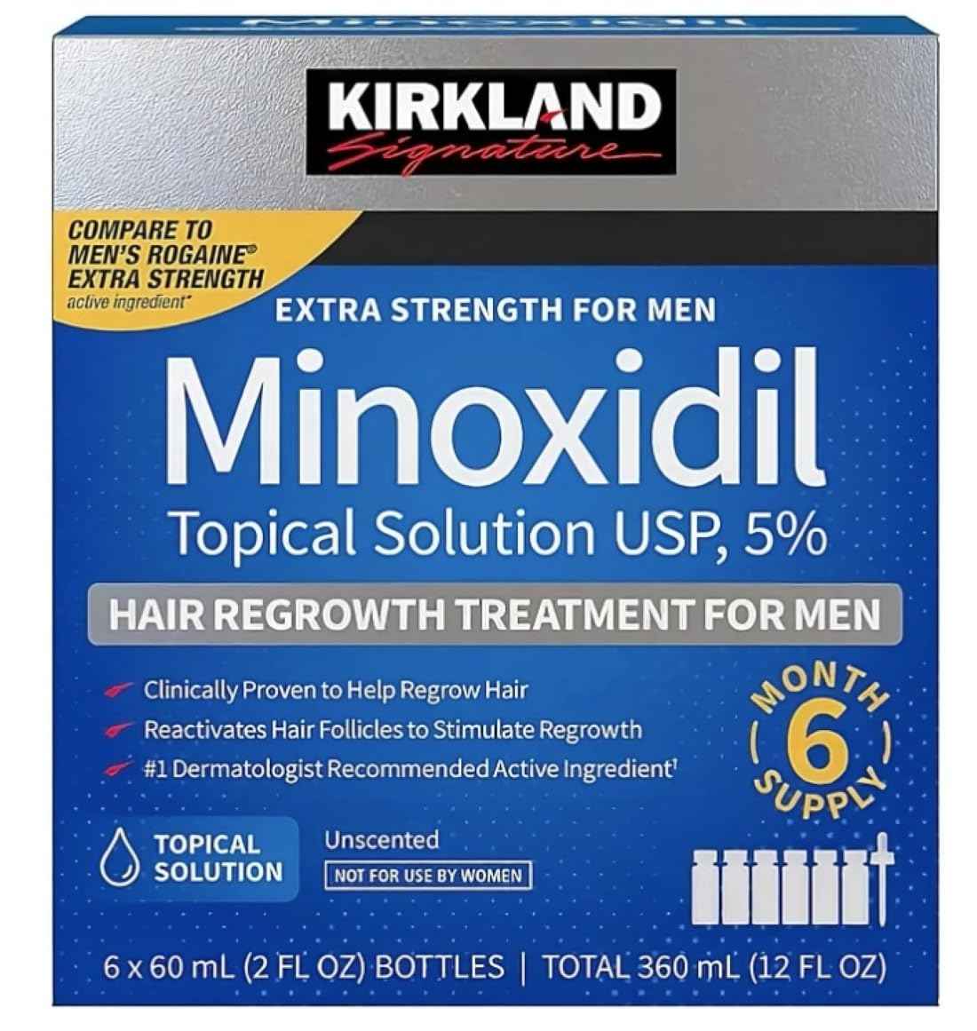 KIRKLAND SIGNATURE Minoxidil 5% Hair Regrowth Treatment for Men | 6 Months Supply | Topical Solution | Extra Strength | Clinically Proven | Unscented Drops | Dropper & Sprayer Included