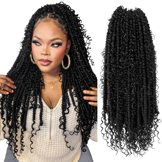 NISEYO Goddess Passion Twist Crochet Hair with Curly Ends 18 Inch, 8 Packs Boho Style Crochet Passion Twist Hair Pre looped, Long Pre-twisted Boho Braids (1B,Natural Black)