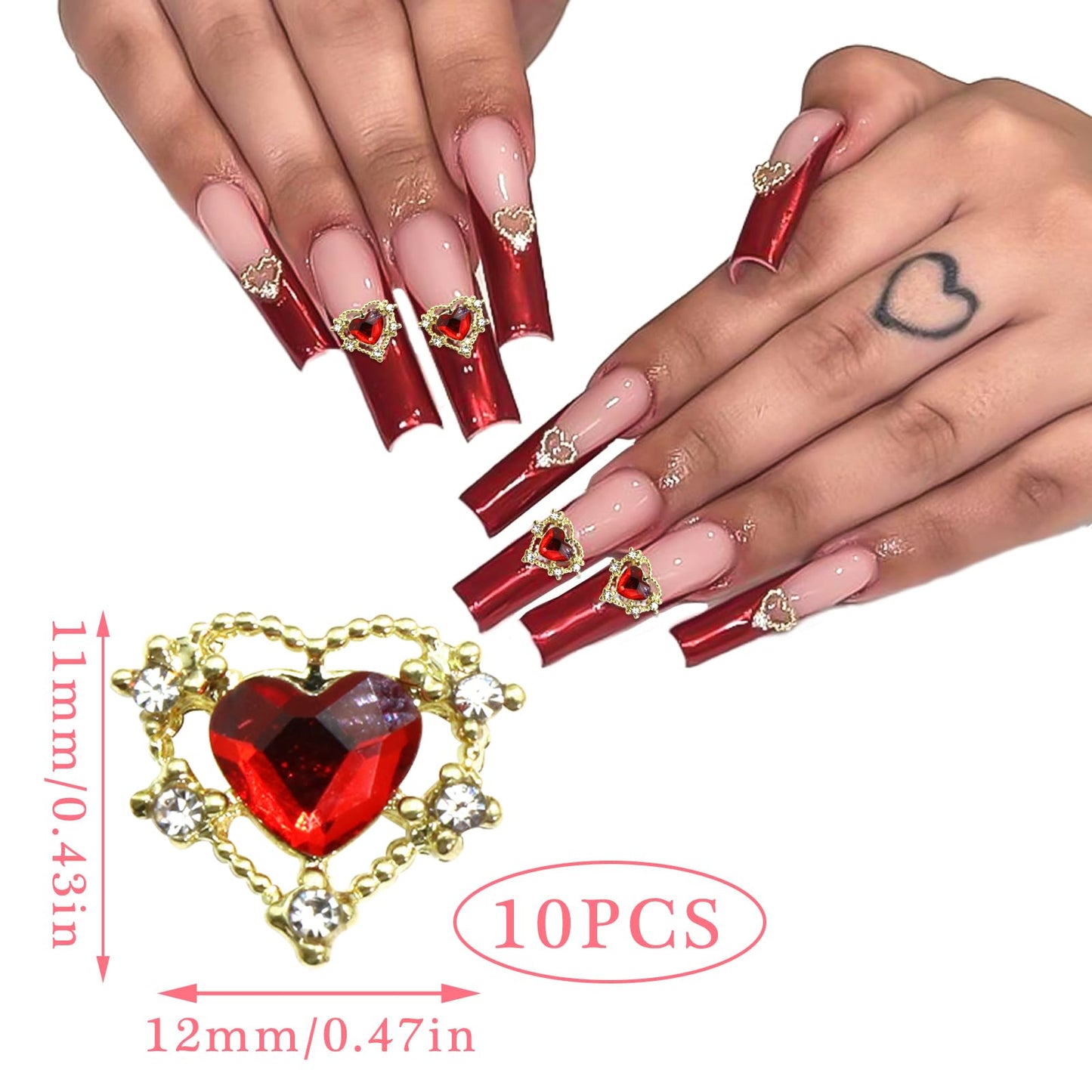 RODAKY Red Heart Nail Charms 10PCS 3D Heart Nail Rhinestones Gold Metal Alloy Nail Art Gems Jewelry for Valentines Manicure Nail Supplies Accessories DIY Crafts Design