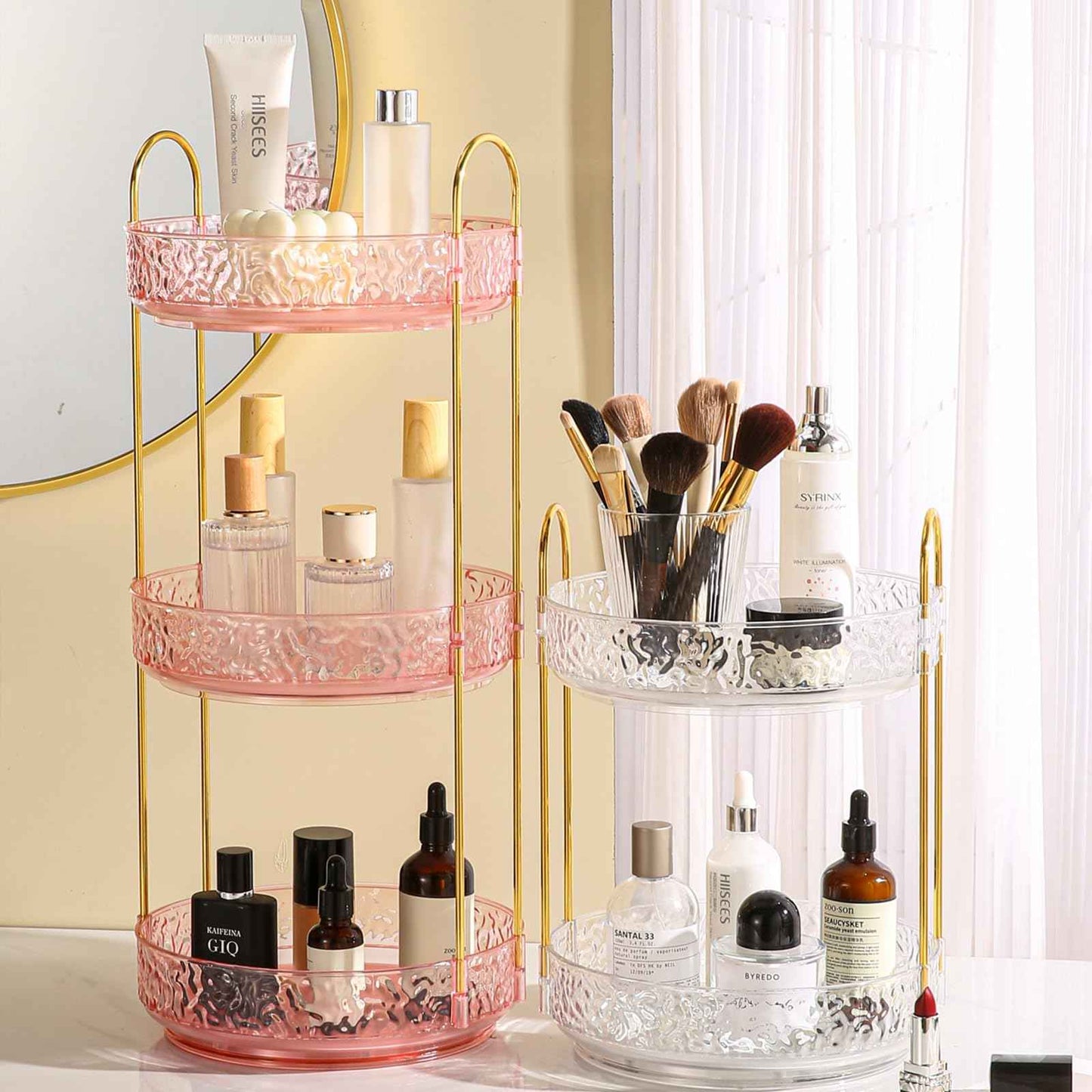 Fangoo 3 Tiers Pink Rotating Makeup Organizer for Vanity, 360 Spinning Skincare Organizers for Dresser Perfume Organizer Large Skincare Make Up Storage Cosmetic Organizer for Bathroom Countertop