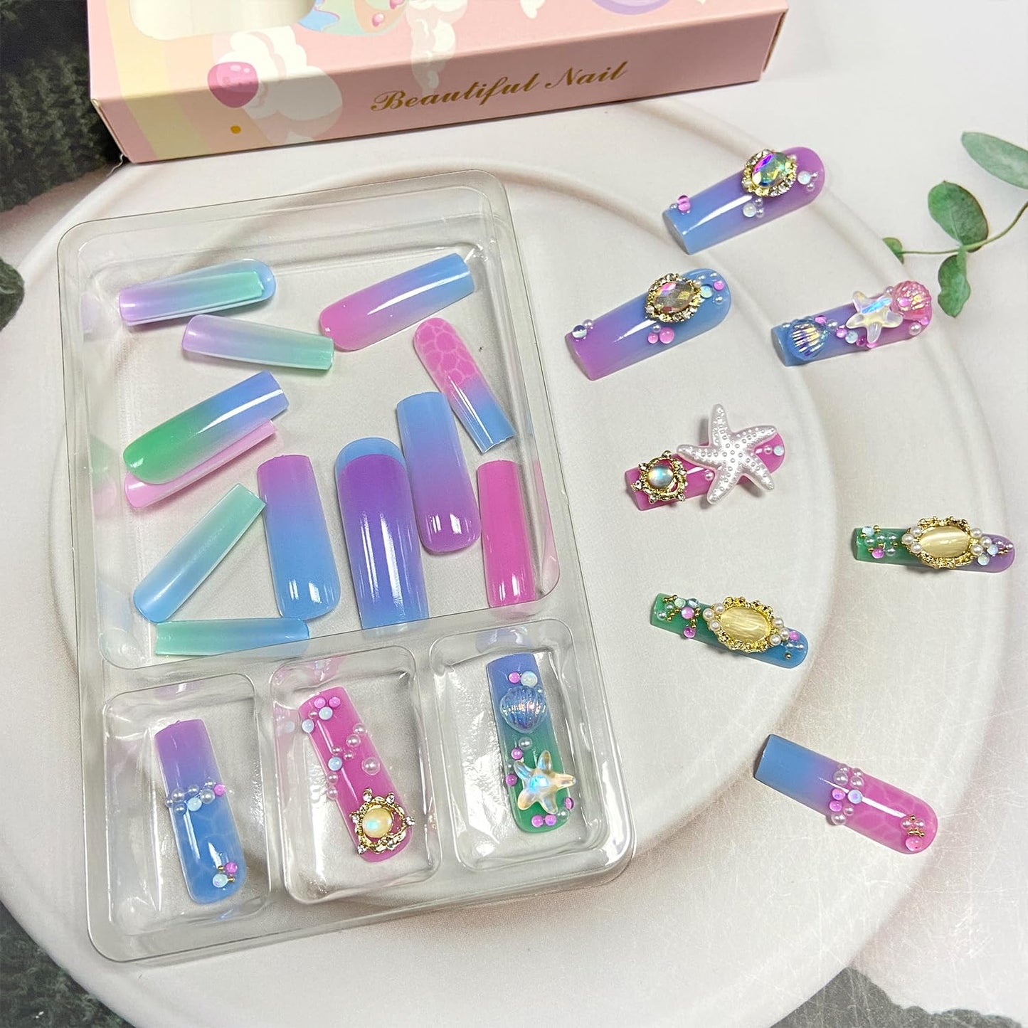 Tyuimhx Ocean Theme Press on Nails Square Long Fake Nails Summer Luxurious False Nails With 3D Starfish Seashells Rhinestones Pearls Designs Full Cover Stick on Nails Acrylic Artificial Nails 24Pcs