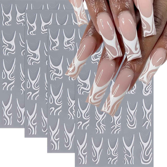 4Pcs White Swirls Lines Nail Stickers 5D Micro-Embossed Fantasy Wave Nail Art Stickers Abstract Lines Nail Decals Simple Design for Women Girls Daily Manicure French Embossed Engraved Nail Decorations