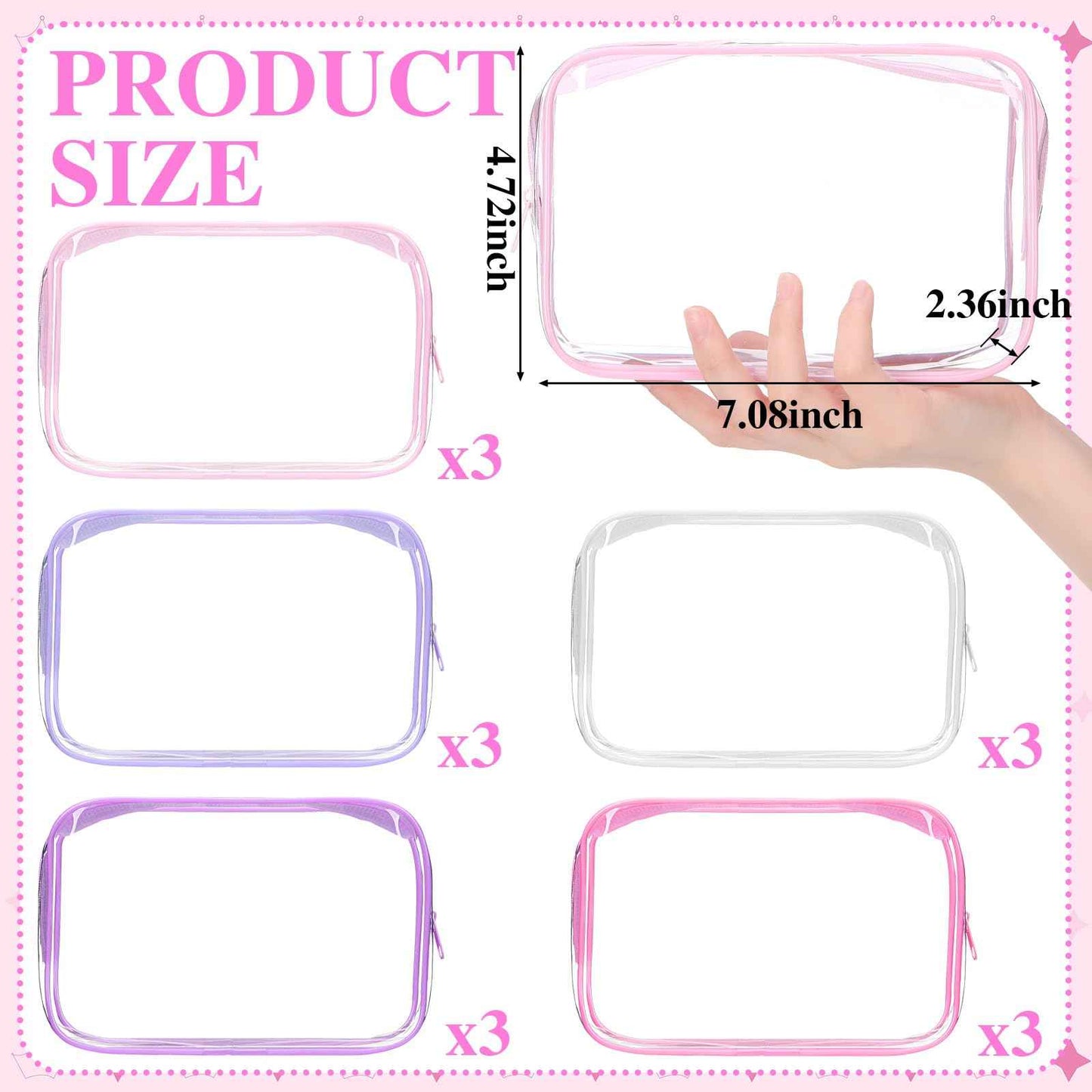 Shinylin 15 Pcs Pink and Purple Clear Makeup Bag with Zipper PVC Toiletry Bag Portable Waterproof Make up Pouches Clear Makeup Case Organizer for Women Travel Toiletries Bathroom Organizing