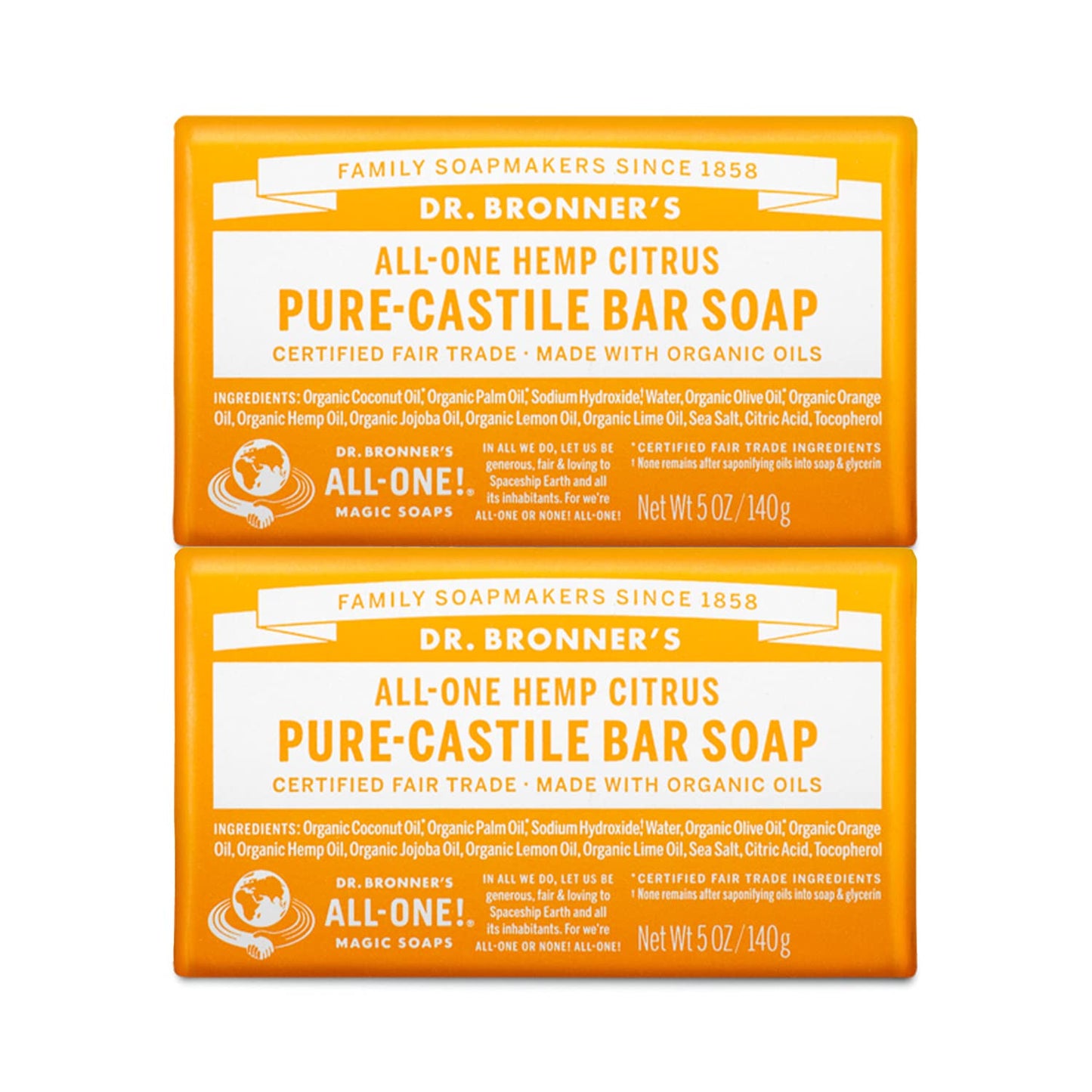 Dr. Bronner's - Pure-Castile Bar Soap (Citrus, 5 ounce, 2-Pack) - Made with Organic Oils, For Face, Body and Hair, Gentle and Moisturizing, Biodegradable, Vegan, Cruelty-free, Non-GMO