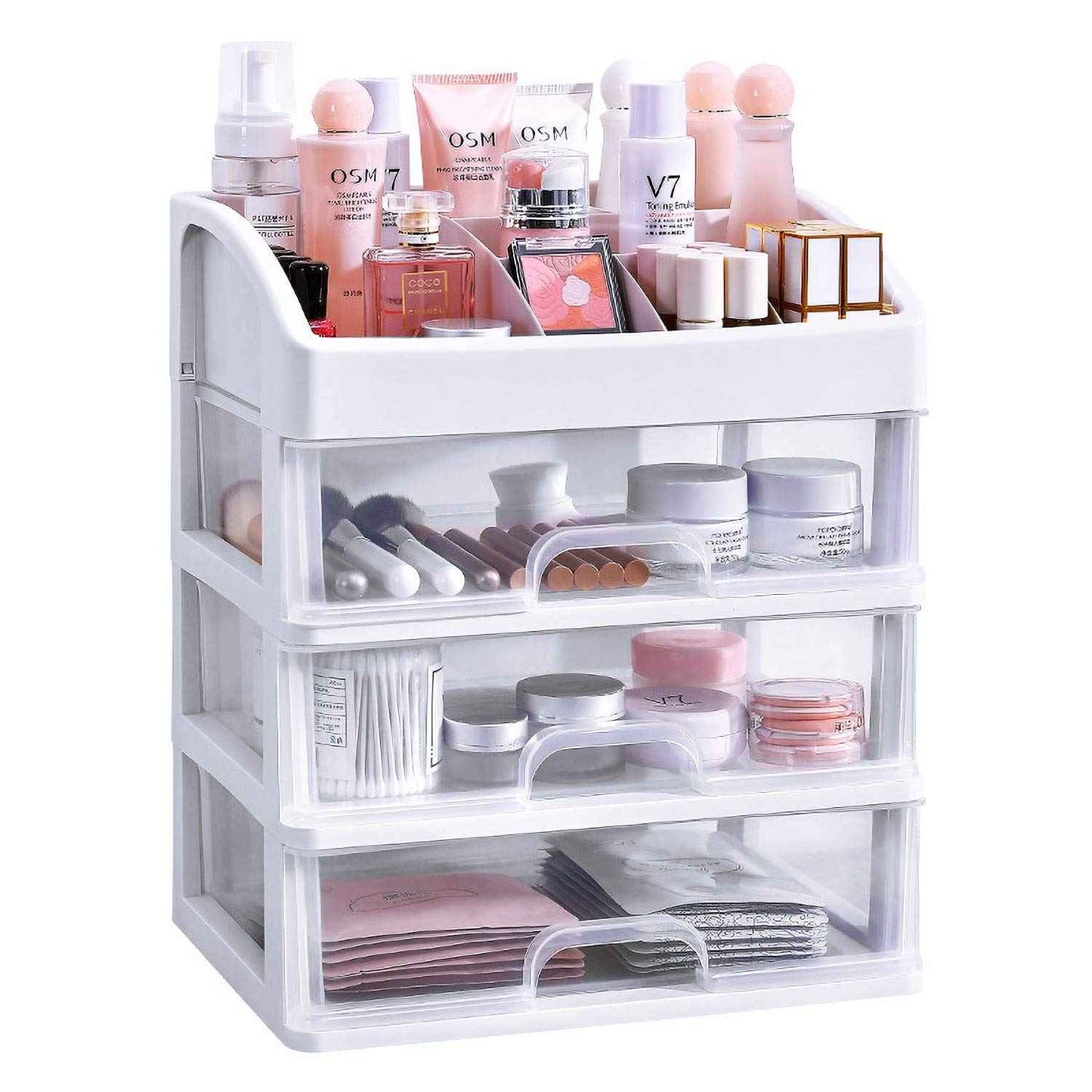 Simbuy Makeup Organizer With Drawers —Bundle Countertop Organizer for Cosmetics, Vanity Holder for Lipstick, Brushes, Lotions, Eyeshadow, Nail Polish and Jewelry