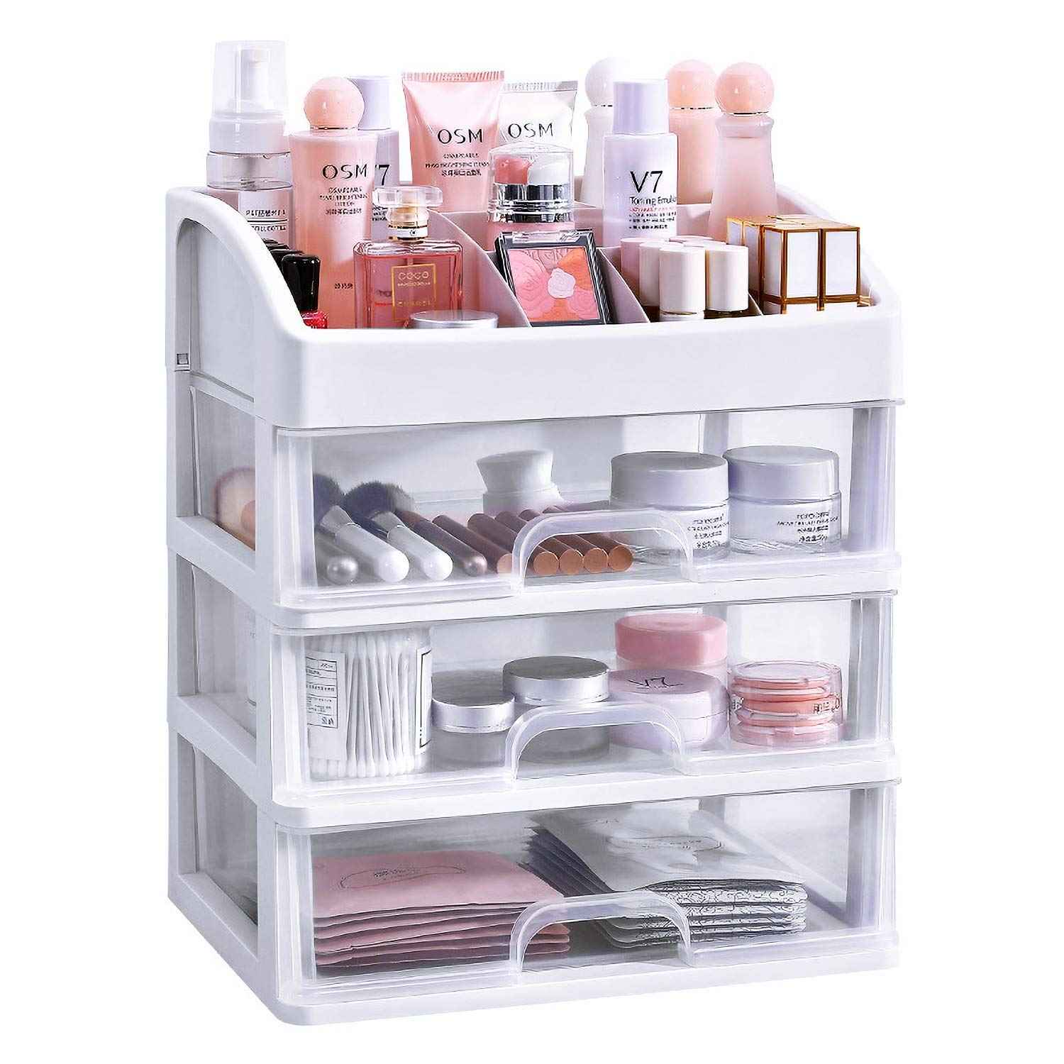 Simbuy Makeup Organizer With Drawers —Bundle Countertop Organizer for Cosmetics, Vanity Holder for Lipstick, Brushes, Lotions, Eyeshadow, Nail Polish and Jewelry