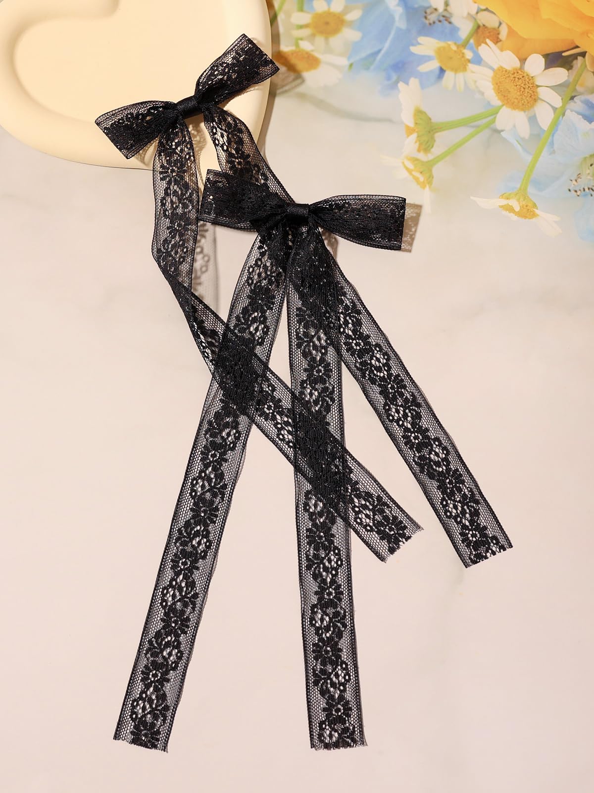 XFYUZR 6Pcs Black Lace Hair Bows for Women Tulle Bows for Hair with Long Tail Ribbon Hairclip Metal Bow Hair Clips for Women Girls Bowknots Tassel Hair Barrettes