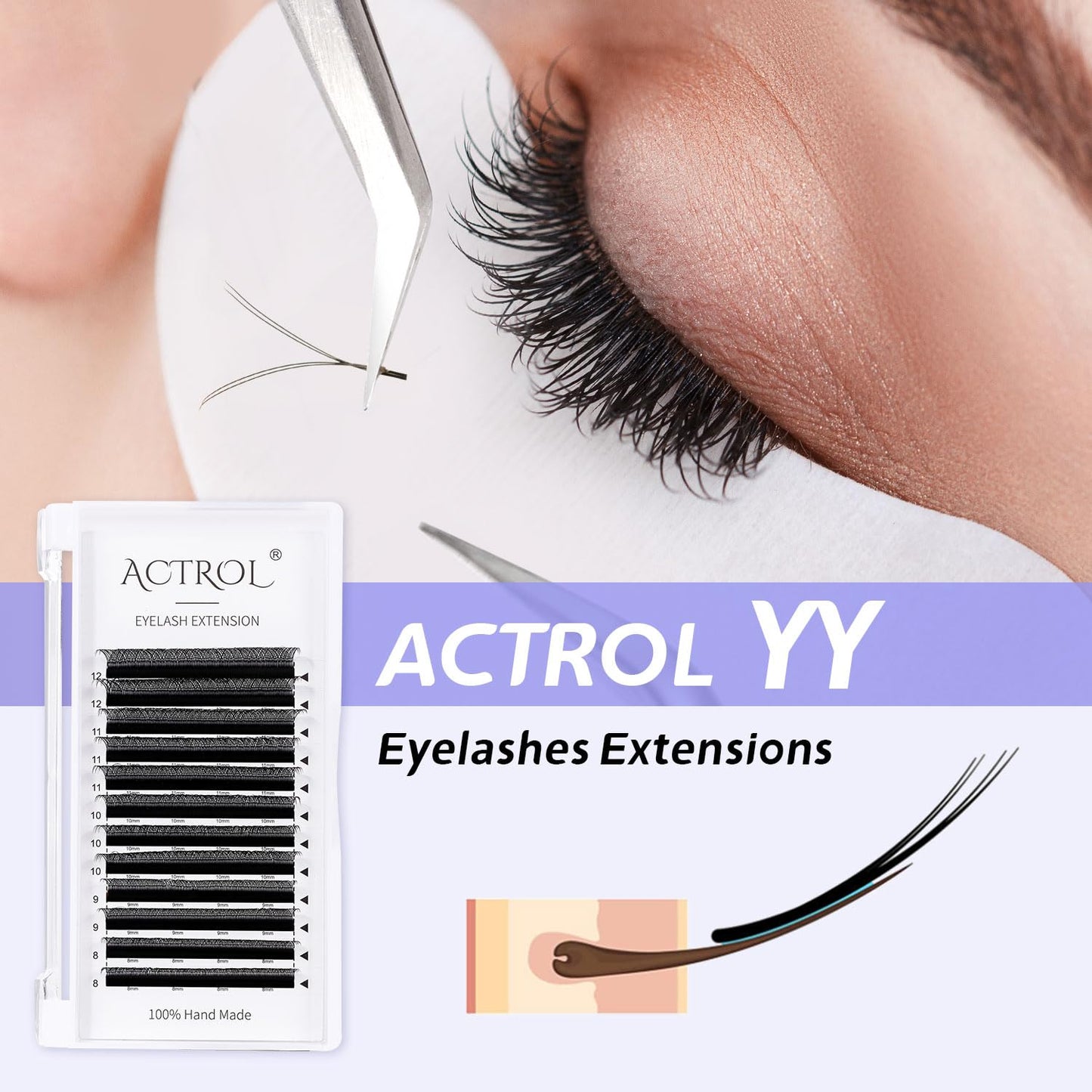 ACTROL YY Eyelashes Extension Lashes Black C Curl 0.05mm 8-12mm Mix Lash Volume Extension Easy Fans Y Shaped Premade Soft Eyelashes Supply