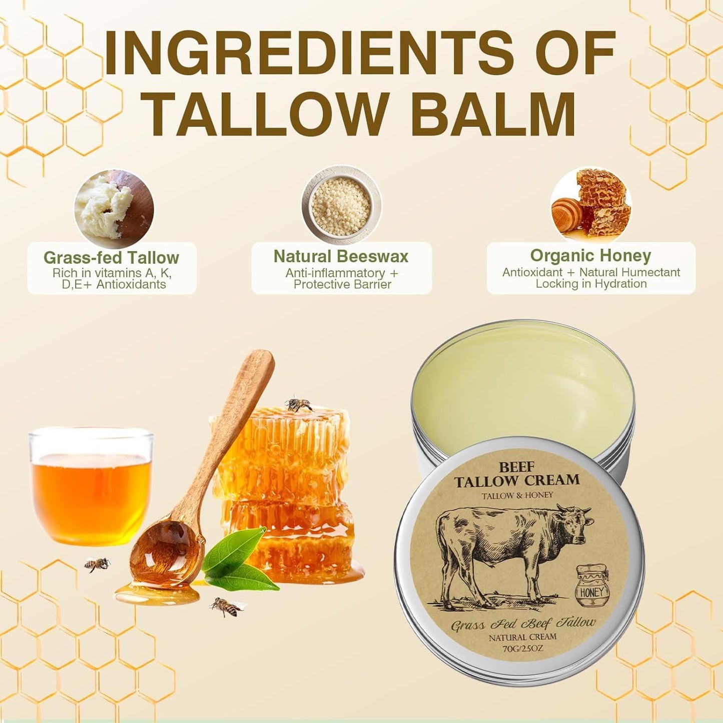 Beef Tallow for Skin, Tallow and Honey Cream,Tallow Face Moisturizer, Natural Organic Grass-Fed Beef Tallow Balm with Raw Honey Moisturizing Cream for Body Lotion Skin Care for Sensitive Skin (2.5oz)