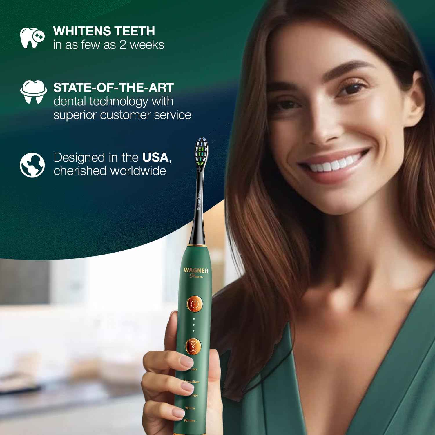Wagner Stern WT8900 Series Electric Toothbrush – Whitening & Pressure Sensor, 5 Modes, 3 Intensities, 8 Soft Brush Heads, Rechargeable, Travel Case Included
