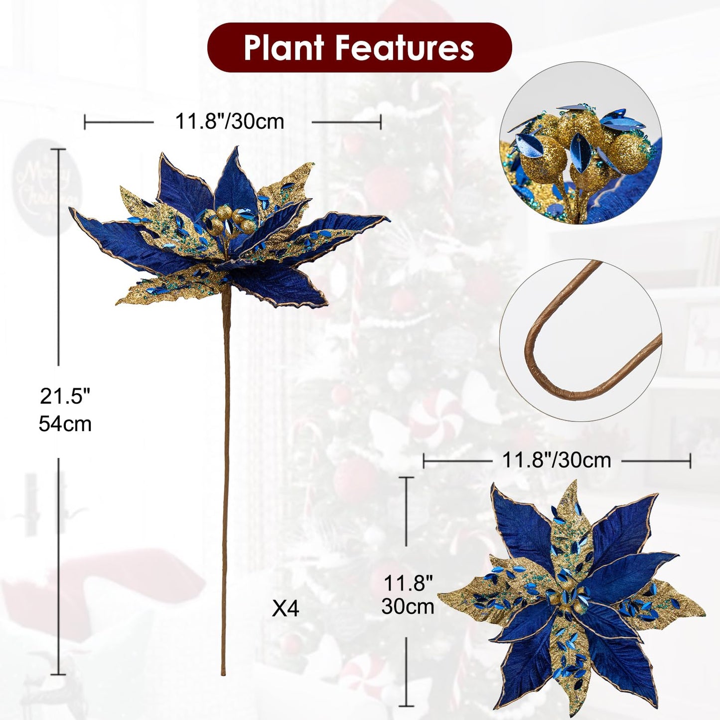 12'' Large Heads Christmas Glitter Poinsettia Flowers Christmas Tree Ornaments Set of 4 Artificial Flowers with Picks Stems for Xmas Tree Party DIY Holiday Decorations, Dark Blue