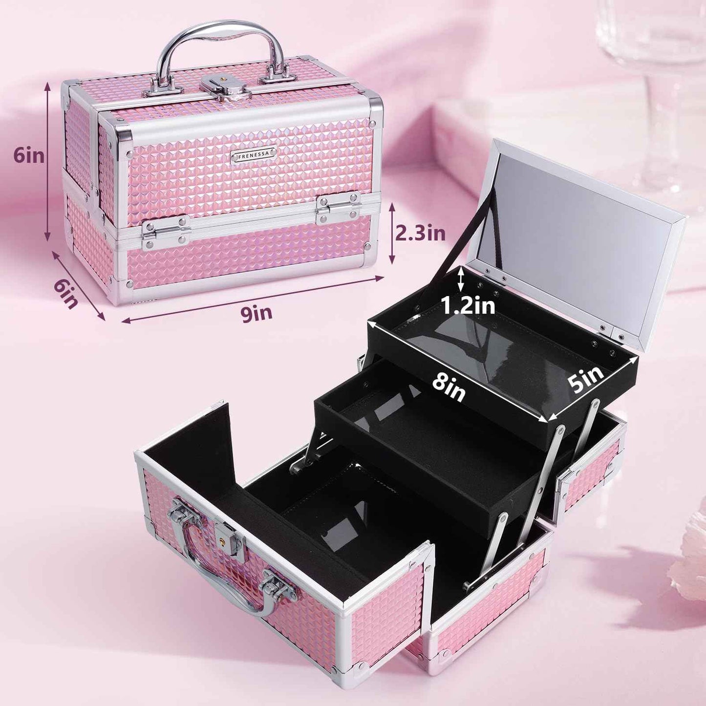 FRENESSA Makeup Train Case Makeup Box Organizer Portable Cosmetic Travel Case Makeup Case with Mirror Locking Make Up Cases Organizers and Storage for Nail Supplies Hard Cosmetic Box Shiny Pink