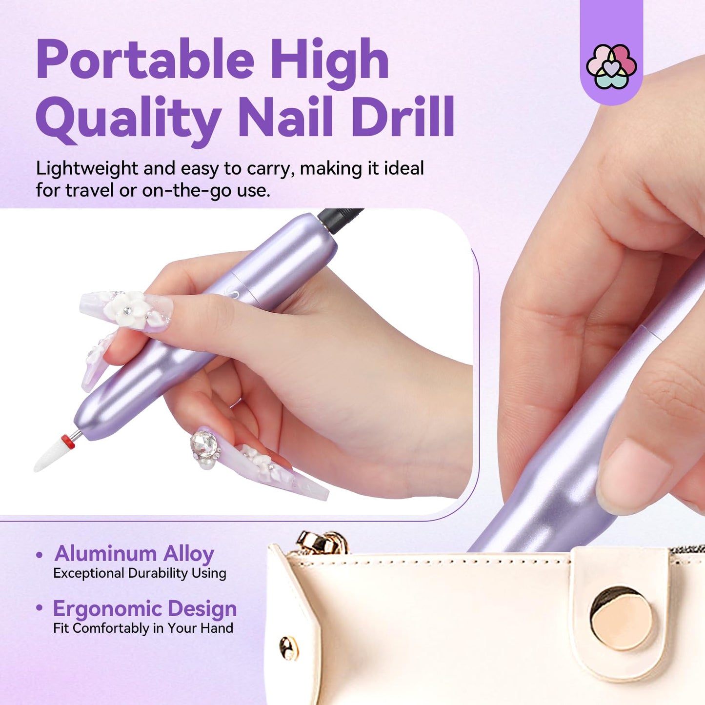 SAVILAND Nail Drill: Portable Electric Nail Drill Kit 20000RPM Nail Drill Purple 7 Nail Drill Bits Cuticle Bit Nail File (100/180 Grit) 51 Sanding Bands Beginners at Home Manicure Pedicure