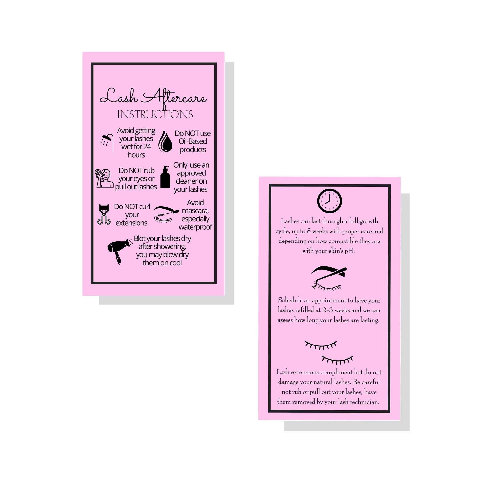 Lash Extension Aftercare Instructions Cards | Package of 250 | Double Sided Size 2x3.5" inches After Care (2-3 Week Fillers) | Bubblegum Pink with Eyelash Extension Aftercare Pictures