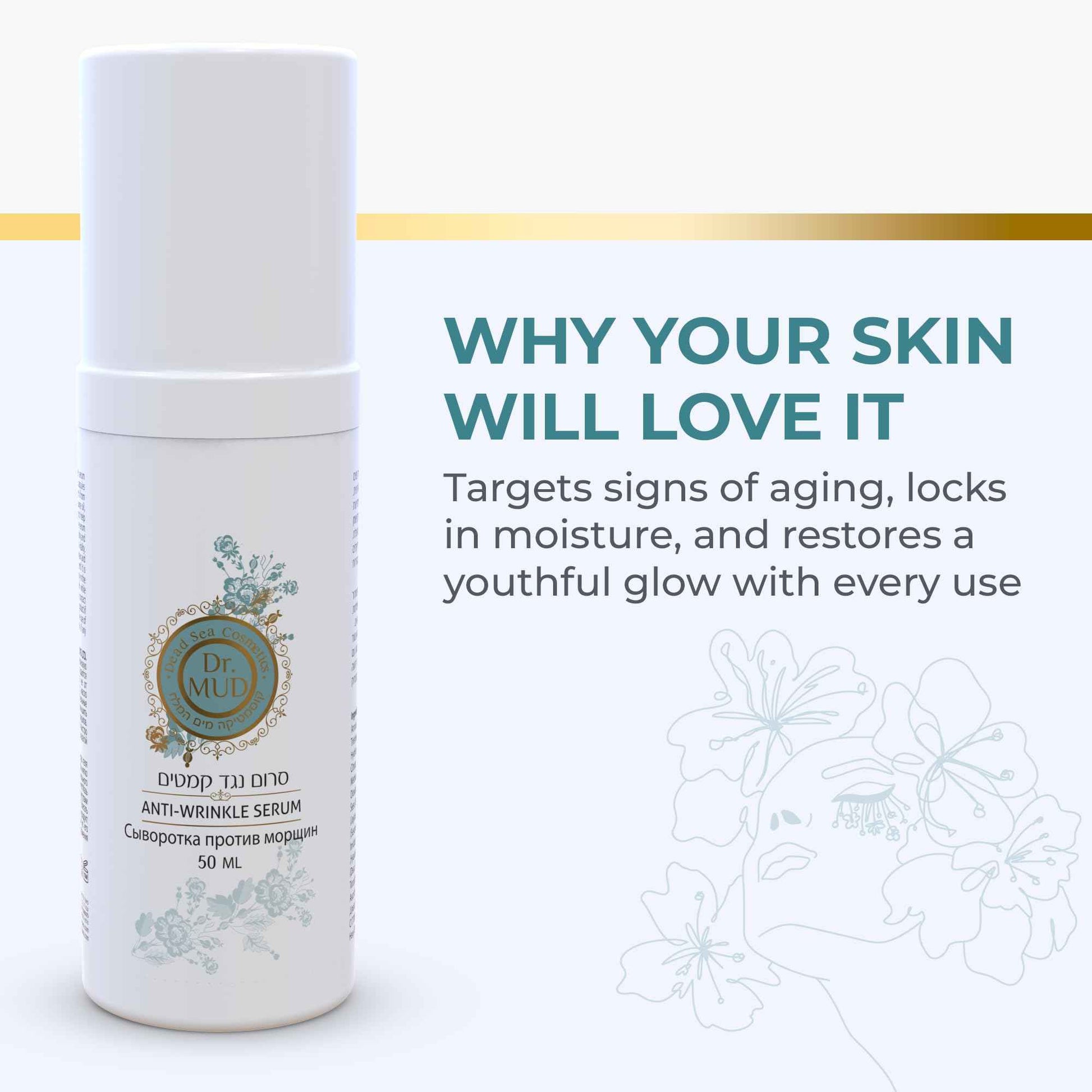 Dr Mud Anti aging Brightening Serum for Wrinkles, Dark Spots, Eye Area & Fine Lines - with Dead Sea Minerals, Hyaluronic Acid, Aloe Vera, Vitamin E & Vitamin A, Caster, Jojoba & Sesame Oil - 50 ml