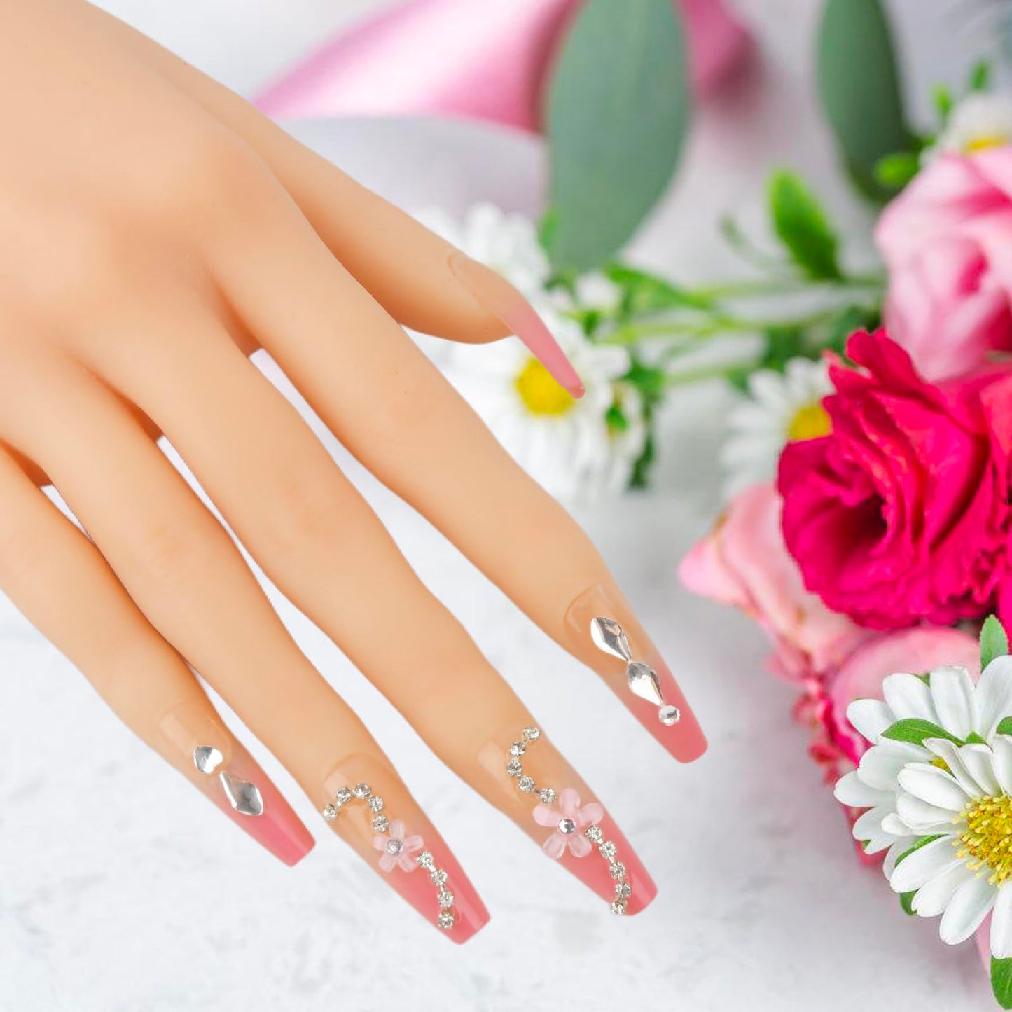 Ritastar Press on Nails Medium Long Square Coffin,Cute Bling Rhinestone Pink Flower Stick on Nails for Women,Jelly Glue on False Nail Kit,24pcs Thin Glossy Acrylic Fake Nails with 24pcs Sticky Tabs