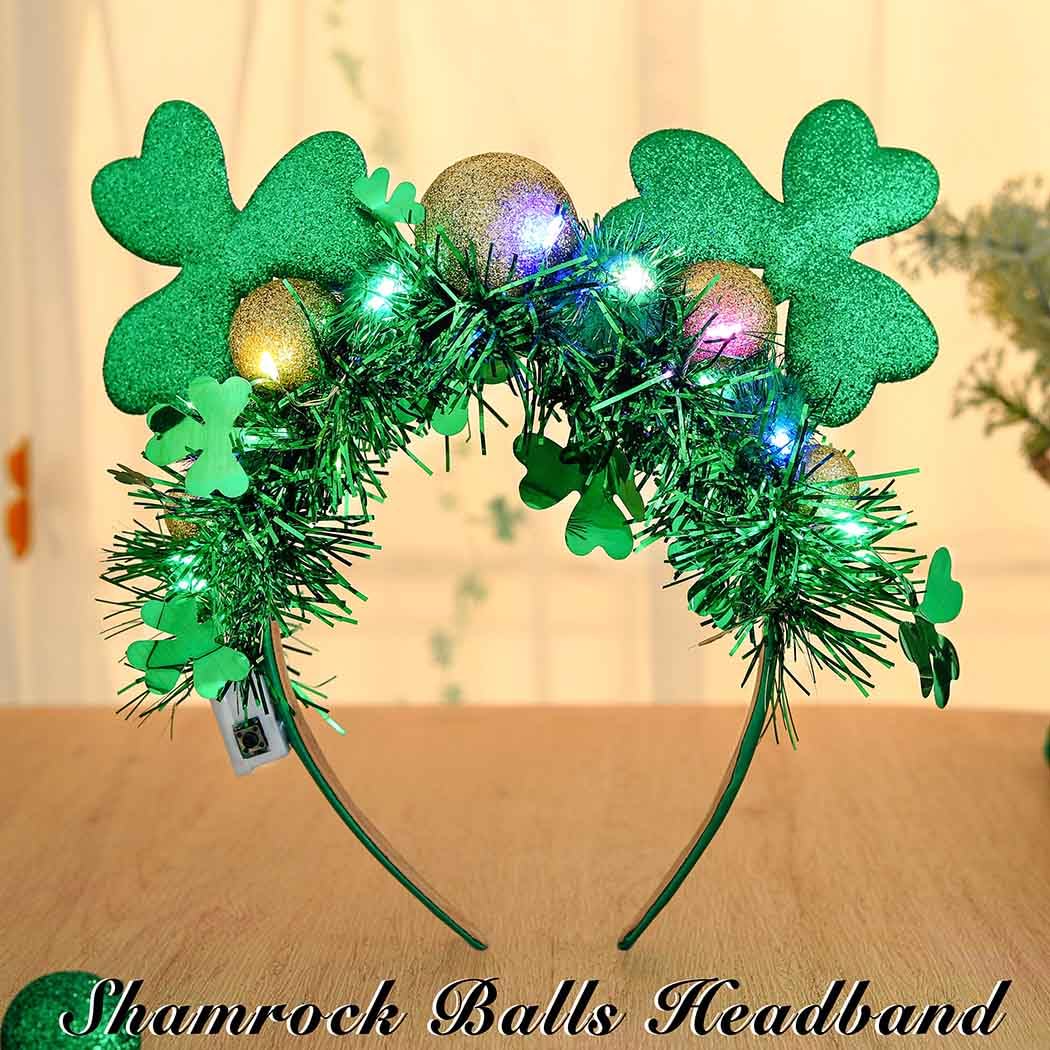 Aceorna Light Up St Patricks Day Headbands Led Green Mouse Ear Hairbands Clover Bow Hair Hoop Foil Irish Headpiece for Women (C)