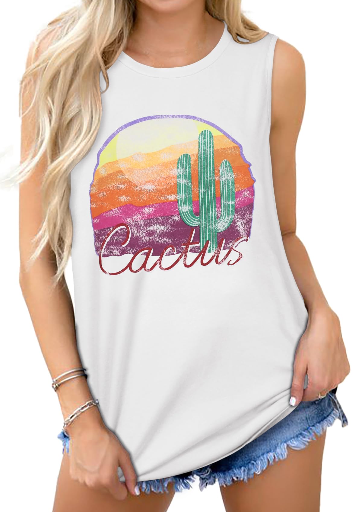 Summer Tops for Women Sleeveless Crew Neck Basic Casual Loose Top (Sunset Cactus, S)