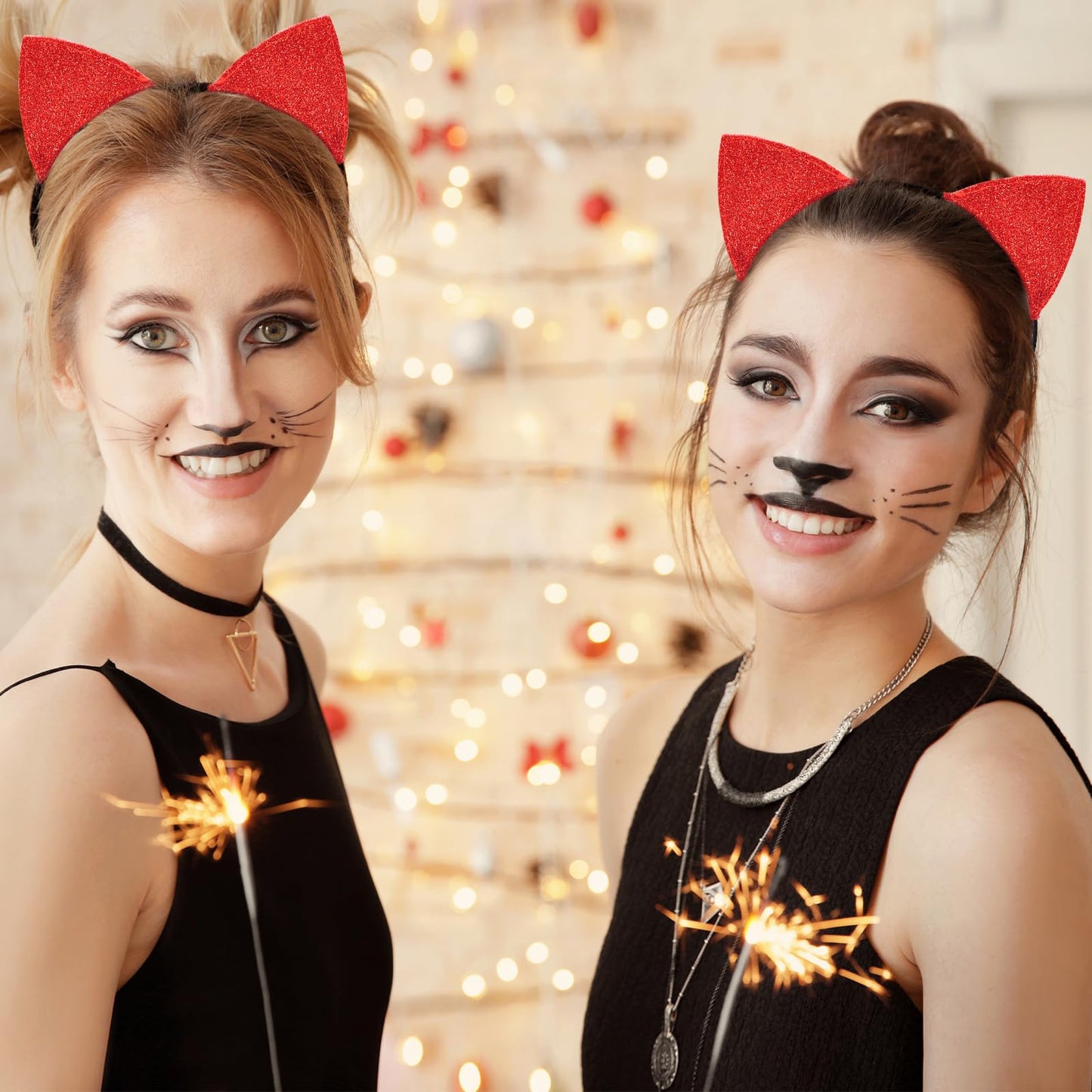 Cat Ears Headband for Women Girls - Cute Sparkle Glitter Hairband Halloween Cosplay Cat Costume Hair Accessories for Adult Kids Birthday Daily Wear Red