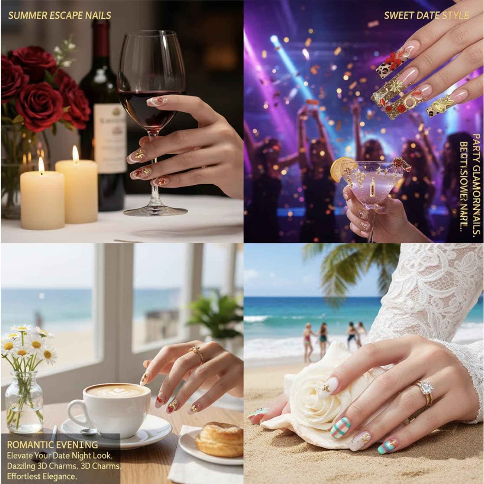 Pizadix 100 Pcs Gold Red Nail Charms Y2K with Lipsticks, Wine Bottles, Wine Cups, Lips, Tulips, Stars, High Heels, Perfume Bottle