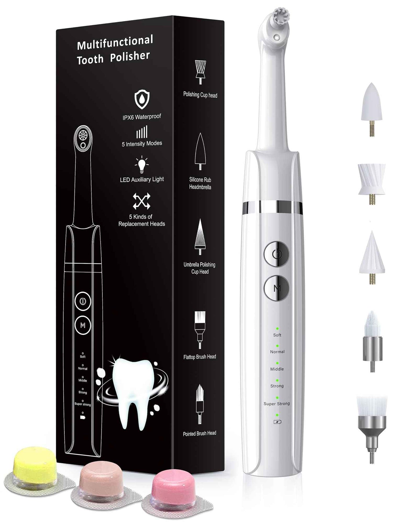 Tooth Polisher, Rechargeable Tooth Whitening Kit for Teeth Cleaning and Whitening, with 3 Tooth Polish Paste and 5 Brush Heads, LED Light, Easy to Use at-Home Personal Dental Care Kit