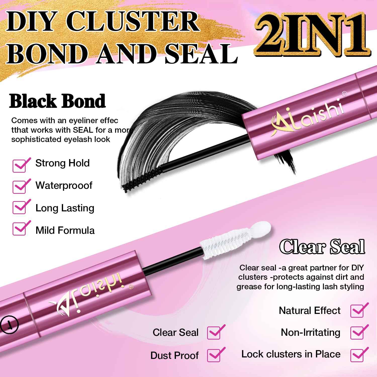 AILAISHI Lash Clusters Glue, Eyelash Bond and Seal, Long-Lasting 150H Waterproof, Non-Irritating Lash Extension Glue for DIY Individual Lashes at Home (Black-5ml+5ml)