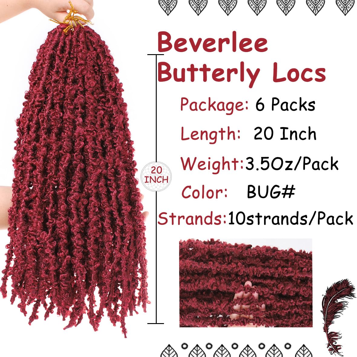 Beverlee Burgundy Butterfly Locs Crochet Hair 20 Inch Distressed Faux Locs Pre-looped BUG Goddess Locs Crochet Braids Handmade Extended Soft Locs For Women Extensions (6 Pack BUG#)