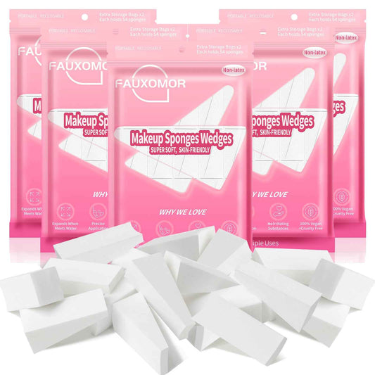 Fauxomor 540 Pcs New Makeup Sponges Wedges for Face Foundation, Latex-Free Triangle Cosmetic Make Up Sponge for Flawless Application and Blending, Beauty Blender for All Skin Types with Ten Pouches