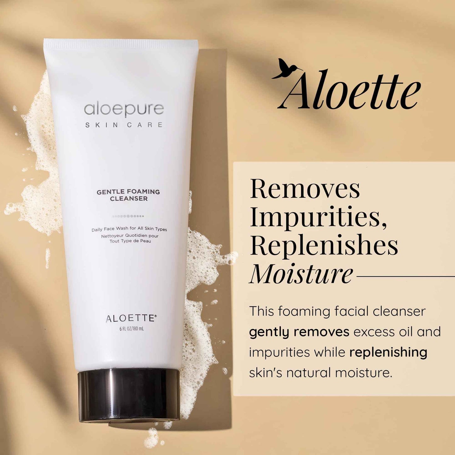 Aloette Gentle Foaming Facial Cleanser - Moisturizing Face Wash for Women & Men - Facewash Skin Cleanser Rejuvenates & Replenishes Natural Moisture, Facial Cleansing for All Skin Types - 6 Fl Oz