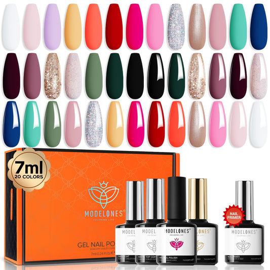 modelones Gel Nail Polish Kit, 24 Pcs White Black Nail Polish Gel Pink Glitter Sage Green Nude Gel Nail Polish Set with Bond Primer Glossy & Matte Top Base Coat Nail Art Manicure Gifts for Girl