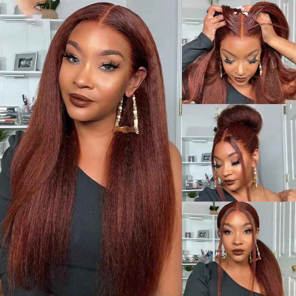 Color 33 Reddish Borwn Yaki Human Hair Bundles Copper Red Yaki Straight Bundles 10 10 10 Inch Double Weft Brazilian Virgin Reddish Brown Kinky Straight Human Hair Extensions