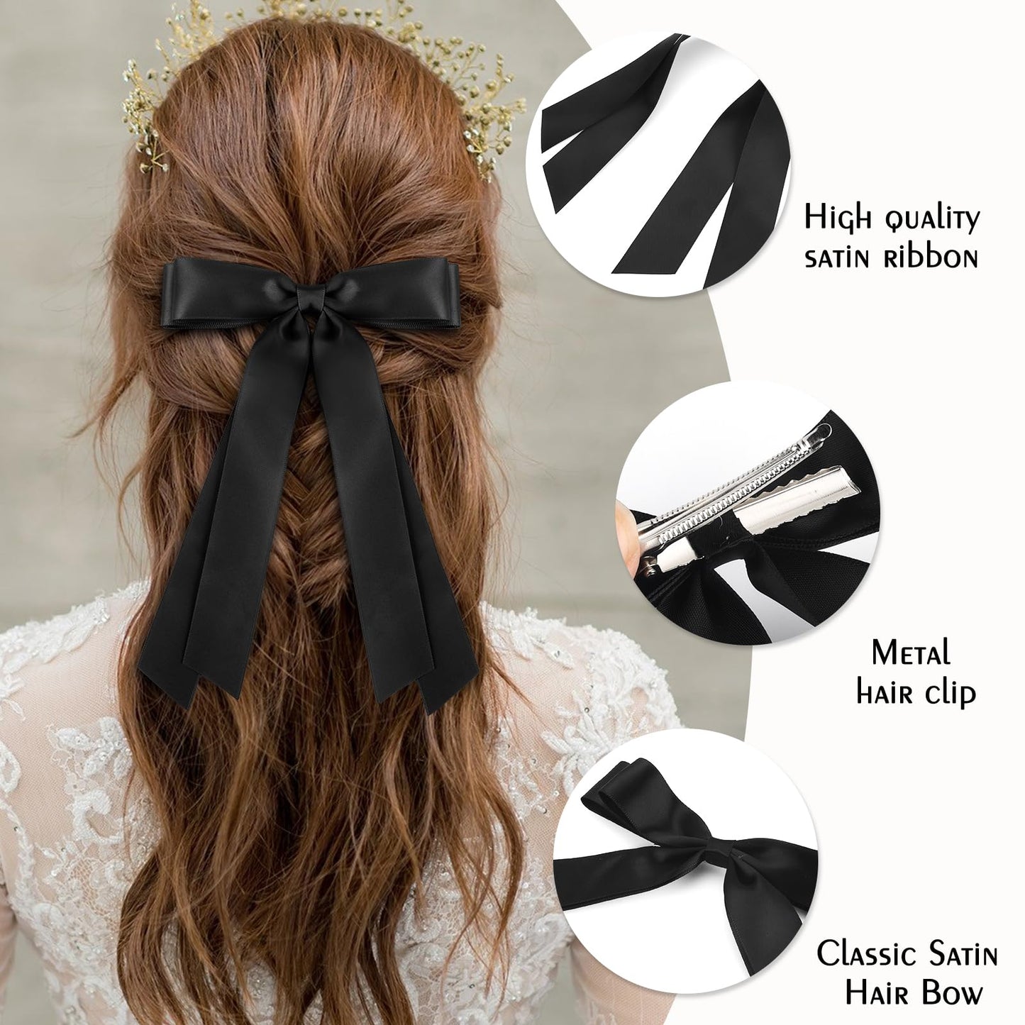 Zkptops 4Pcs Hair Bows Satin Hair Ribbon Hair Bows with Long Tail Hair Clips Cute Tassel Hair Bows Barrettes Hair Accessories Double Bow Hair Clips for Women Hairpin Barrettes (Black Beige Pink Blue)