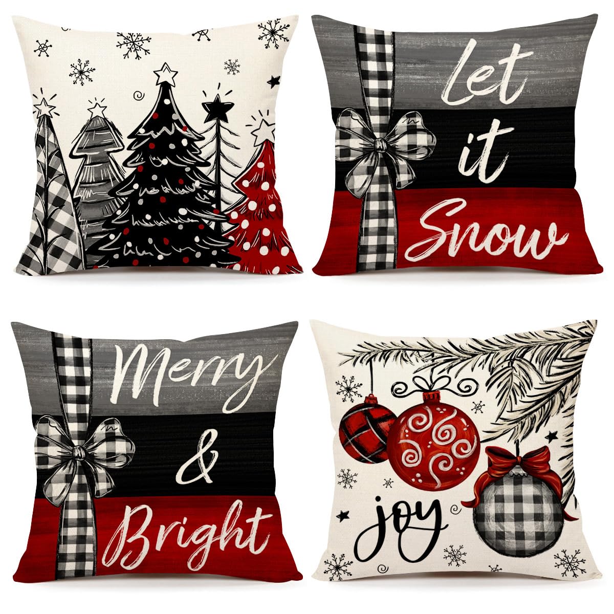 4TH Emotion Christmas Throw Pillow Covers 20 x 20 Inch Set of 4, Xmas Tree Winter Farmhouse Holiday Merry Bright Cushion Case for Home Couch Decoration S23C23-20