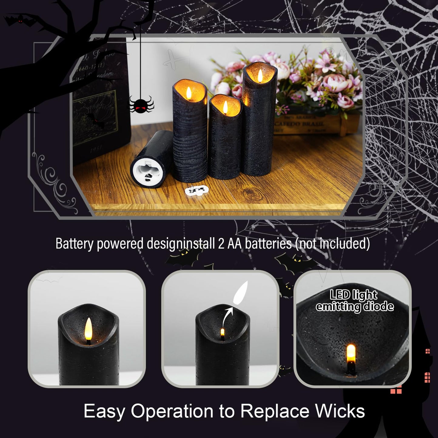 Eebuss Black Set of 9 Flameless Candle Real Wax Halloween Candles Battery Operated LED Pillar with Remote Control Timer Ideal for Home Decor（D 2"*H 5" 5" 5" 6" 6" 6" 7" 7" 7"）