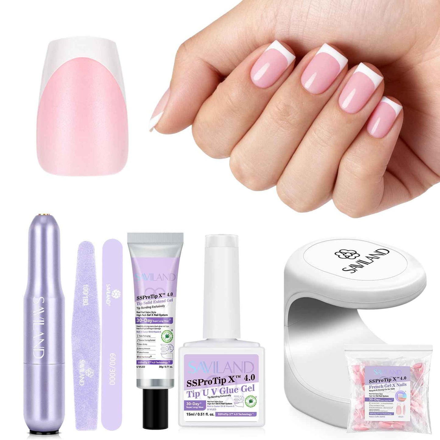SAVILAND Gel Nail X Kit with Everything: 16 Sizes French Tips Press On Nail Kit with Drill Coffin Tips Soft Gel Fake Nails with Solid Glue Gels U V Lamp Gels Glue French Tip Tool Home
